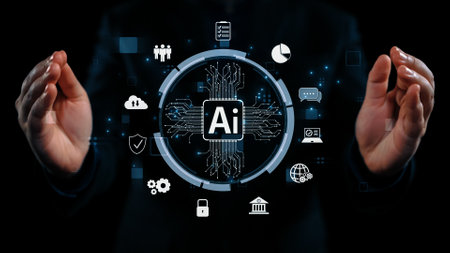 Human interact with AI artificial intelligence brain processor in concept of AI artificial intelligence engineering, big data and AI machine learning to use generative AI for business support. UUIDの写真素材
