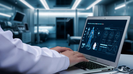 Close up of skilled doctor typing laptop display human anatomy screen. Professional medical worker...