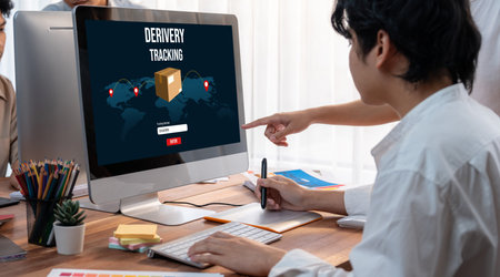 Delivery tracking system for e-commerce and brisk online business to timely goods transportation and deliveryの写真素材