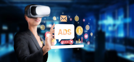A modern virtual reality experience showcasing advertising symbols and icons, representing innovative online marketing strategies and audience engagement methods.の写真素材
