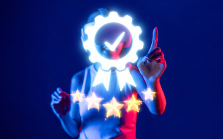 A modern depiction of quality assurance management emphasizing client satisfaction, featuring a glowing certificate and stars, highlighting service standards and technology.の写真素材