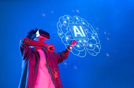 A person engages with virtual reality while interacting with a visual representation of artificial intelligence, showcasing the merging of technology and creativity in today digital landscape.の写真素材
