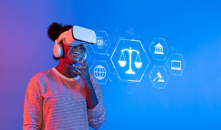 This image illustrates a person wearing a virtual reality headset, contemplating the ethical and...