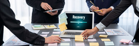 Analyst team use sticky note for creative and analytic brainstorm for business idea with data dashboard on laptop screen. Analysis financial data visualization tech for marketing strategy.の写真素材