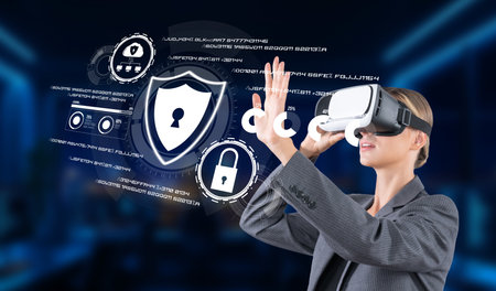 A woman in virtual reality headset explores digital elements of cybersecurity, emphasizing the...