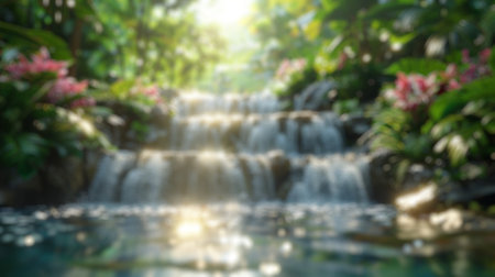 Blur background of luxurious tropical garden with waterfall and koi pond. Digital artwork of waterfall with orange fish pond.. Tranquil nature retreat concept. Design for wallpaper, poster. Spate.の写真素材