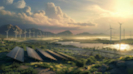 Blur background of solar panel and wind turbines on a green field with yellow flowers. Renewable energy and sustainable technology concept. Design for poster, wallpaper, banner. Clean energy.の写真素材