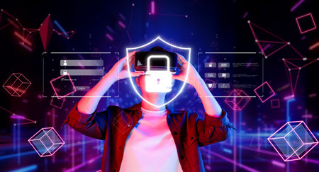This image illustrates a secure cyber environment showcasing a user in virtual reality gear, emphasizing data protection, privacy management, and online security measures in today digital world.の写真素材