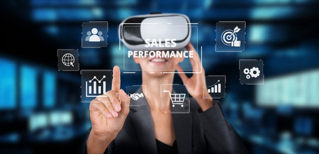 A professional using virtual reality technology to analyze sales performance and optimize digital...
