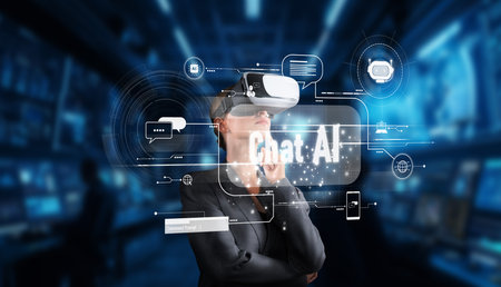 A woman wearing a virtual reality headset interacts with an AI-driven chatbot interface,...