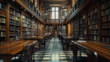 Blur background of traditional library interior with large windows and wooden shelves filled with books surrounded with table. Study and education concept. Design for posters, wallpapers.の写真素材