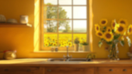 Blur background of natural light indoor photo. Wooden vintage window in the kitchen open with sunflower blooming in the garden. Home gardening and summer morning concept. Design for wallpaper. Spate.の写真素材