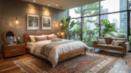 Blur background of elegant bedroom with bed, and natural light. Interior design modern bedroom with furniture. Luxurious home interior design. Design for poster, wallpaper, banner, header. Spate.の写真素材