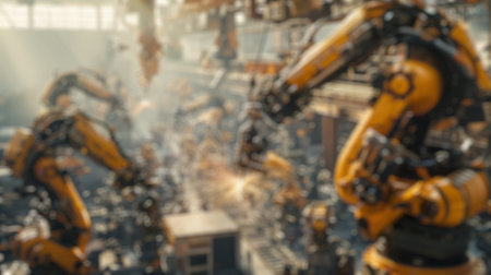 Blur background of robot machine working together at production line. Factory machine or robotic electronic device connecting with system and designing and making product following program.の写真素材