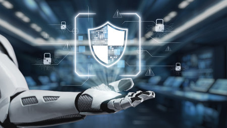 A futuristic robot hand extends to present a digital shield symbolizing cybersecurity in a modern...