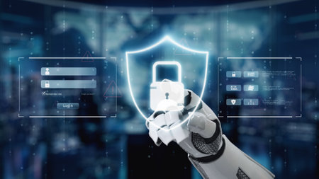 A robotic hand gripping a digital shield with a lock, representing advanced cybersecurity and data...