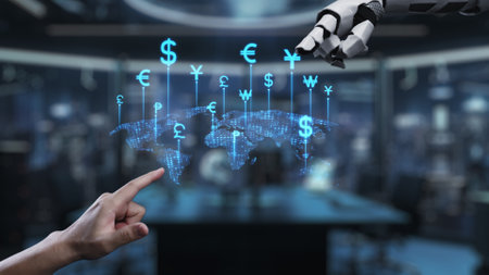 A captivating illustration of a robotic hand indicating global currency symbols above a digital...