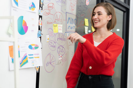 Professional female leader sticks sticky note while presents creative marketing plan by using brainstorming mind mapping statistic graph at modern business meeting room.の写真素材
