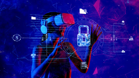 An engaging image depicting a woman exploring virtual reality technology in a vibrant cybersecurity...