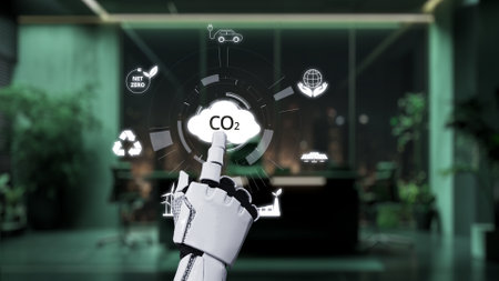 A robotic hand reaches toward interactive CO2 emission reduction icons in a sleek office setting, symbolizing innovation in environmental sustainability and technology.の写真素材
