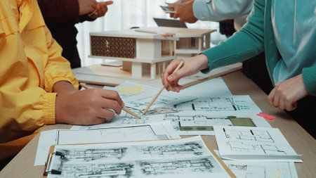 A dynamic scene showcasing a collaborative architecture meeting with professionals analyzing...