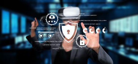 A professional engaged with cutting-edge cyber security technology, utilizing virtual reality to...