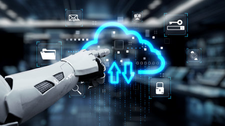 A robotic hand interacts with luminous cloud technology icons, symbolizing data management and...