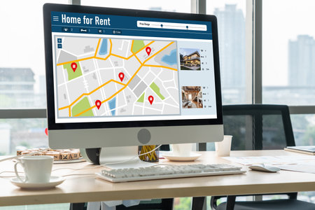 Online real estate rental search snugly on computer. House home or apartment rental website online.