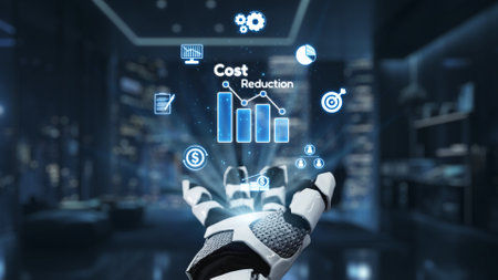 A robotic hand showcases cost reduction analytics with digital charts and icons in a high-tech...