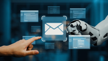 A robotic hand interacts with an email icon within a digital interface, showcasing futuristic...