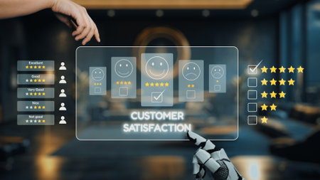 A robot hand interacts with a digital screen showcasing customer satisfaction ratings in a stylish office. This concept emphasizes technology role in enhancing feedback in business.の写真素材