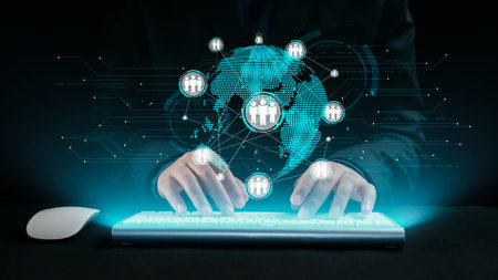 This image depicts hands typing on a computer keyboard, surrounded by digital connections and a...
