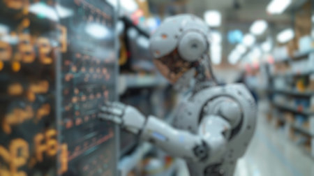 Blur background of robot machine writing whiteboard. Futuristic automation photography. Robotics and artificial intelligence in manufacturing concept. Educational materials on automation. Spate.の写真素材