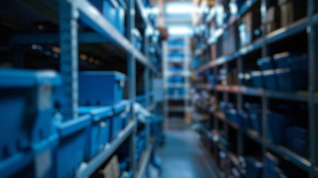 Blur background of abandoned blue storage room with blue boxes scattered on shelves. Interior photography with focus on decay. Historical preservation and urban exploration concept.の写真素材