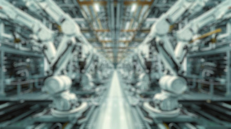 Blur background of robot machine working together at production line. Factory machine or robotic electronic device connecting with system and designing and making product following program.の写真素材