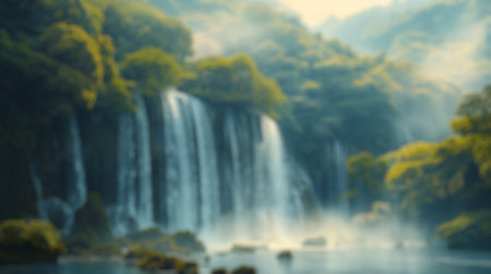 Blur background of tropical waterfall oasis surrounded by dense foliage. Digital art of waterfall surrounded with trees with sunlight shining. Exotic travel and nature concept. Design for poster.の写真素材