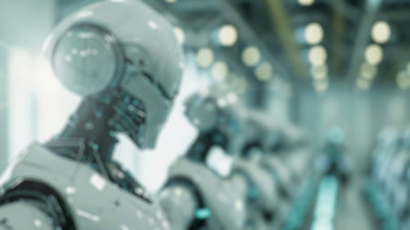 Blur background of robot in a high-tech manufacturing assembly production line. Robotics and automation technology in an industrial setting. Design for poster, wallpaper, banner, header.の写真素材
