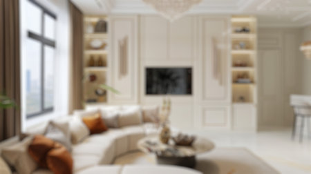 Blur background of elegant bedroom with bed, and natural light. Interior design modern bedroom with...
