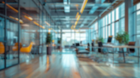 Blur background of traditional office setup with rows of desks and natural lighting. Corporate office interior photography. Functional office space concept. Design for corporate brochures.の写真素材