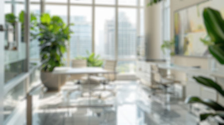 Blur background of contemporary office space with city view and ample sunlight. Modern workplace photography. Business and professional concept. Design for real estate, corporate brochure.の写真素材