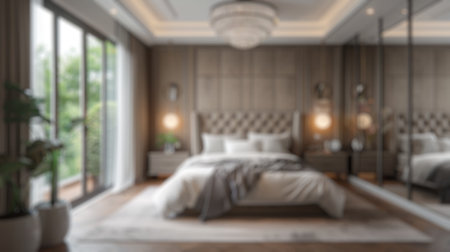 Blur background of elegant bedroom with bed, and natural light. Interior design modern bedroom with furniture. Luxurious home interior design. Design for poster, wallpaper, banner, header. Spate.の写真素材