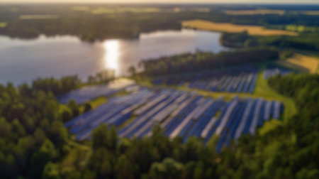 Blur background of solar station panel in the field with blue sky. Clean electrical energy. Ecology. Top view of solar panel absorb sunlight and generate electricity. Technology innovation.の写真素材