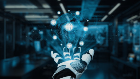 A robotic hand extends toward a digital globe, symbolizing global connectivity and communication in...