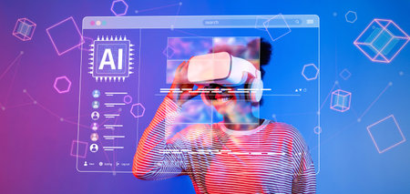 A vibrant illustration showcasing the fusion of artificial intelligence and virtual reality,...