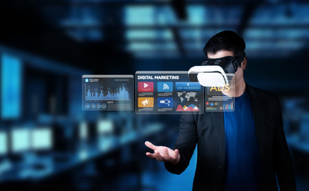 A person engages with virtual reality technology for digital marketing, showcasing social media advertisement elements and data visualizations in an immersive environment.の写真素材