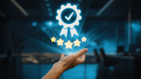 A hand reaches for a digital badge displaying five stars and a check mark, symbolizing quality and...