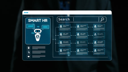 Modern digital interface showcasing AI-driven human resources solutions featuring data displays,...