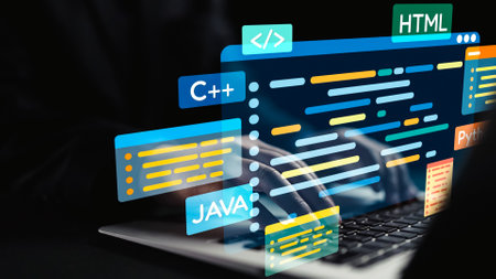 A digital representation of a programmer working on a laptop with various colorful coding languages displayed. The dark backdrop highlights the bright interfaces and coding elements.の写真素材