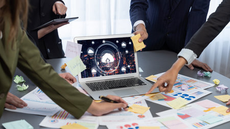 Analyst team use sticky note for creative and analytic brainstorm for business idea with data...