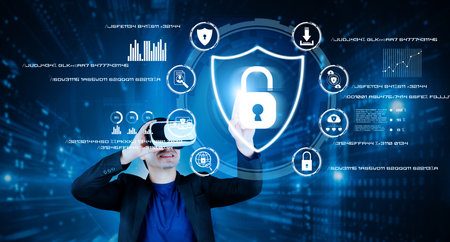 Manager wearing suit and VR glasses while accessing in security system. Business man connecting with...